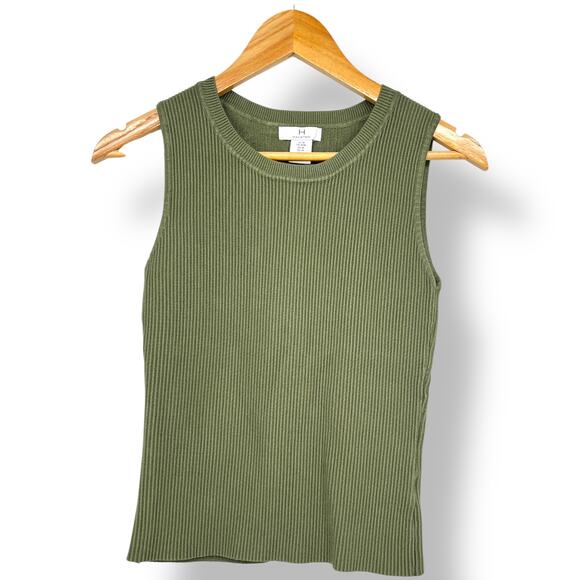 Halston Heritage Ribbed Tank Top Sleeveless Women's M Forrest Green Minimalist - Picture 1 of 5